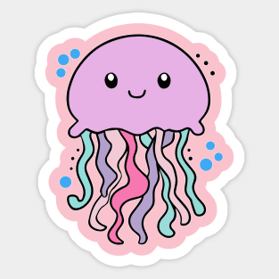 Happy smiling baby jellyfish with bubbles. Kawaii cartoon Sticker